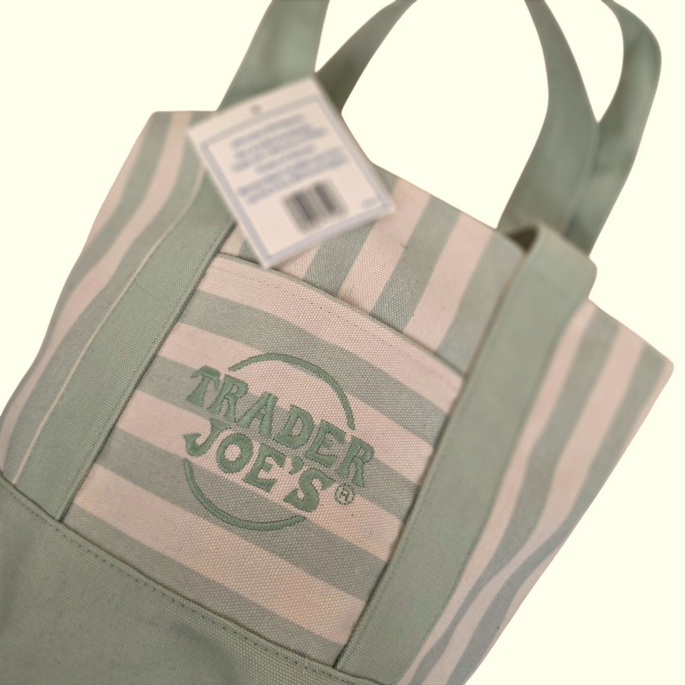 Trader Joe's‎ 2026 Striped Mini Canvas Tote Bag Seafoam Green 13x11x6 in NWT